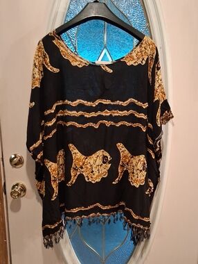 Black & Gold Printed Poncho Tunic - Lightweight Women’s Top